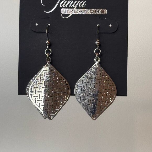 Silver Geometric Textured Earrings with Hook Design 2.25 inch - Picture 1 of 3